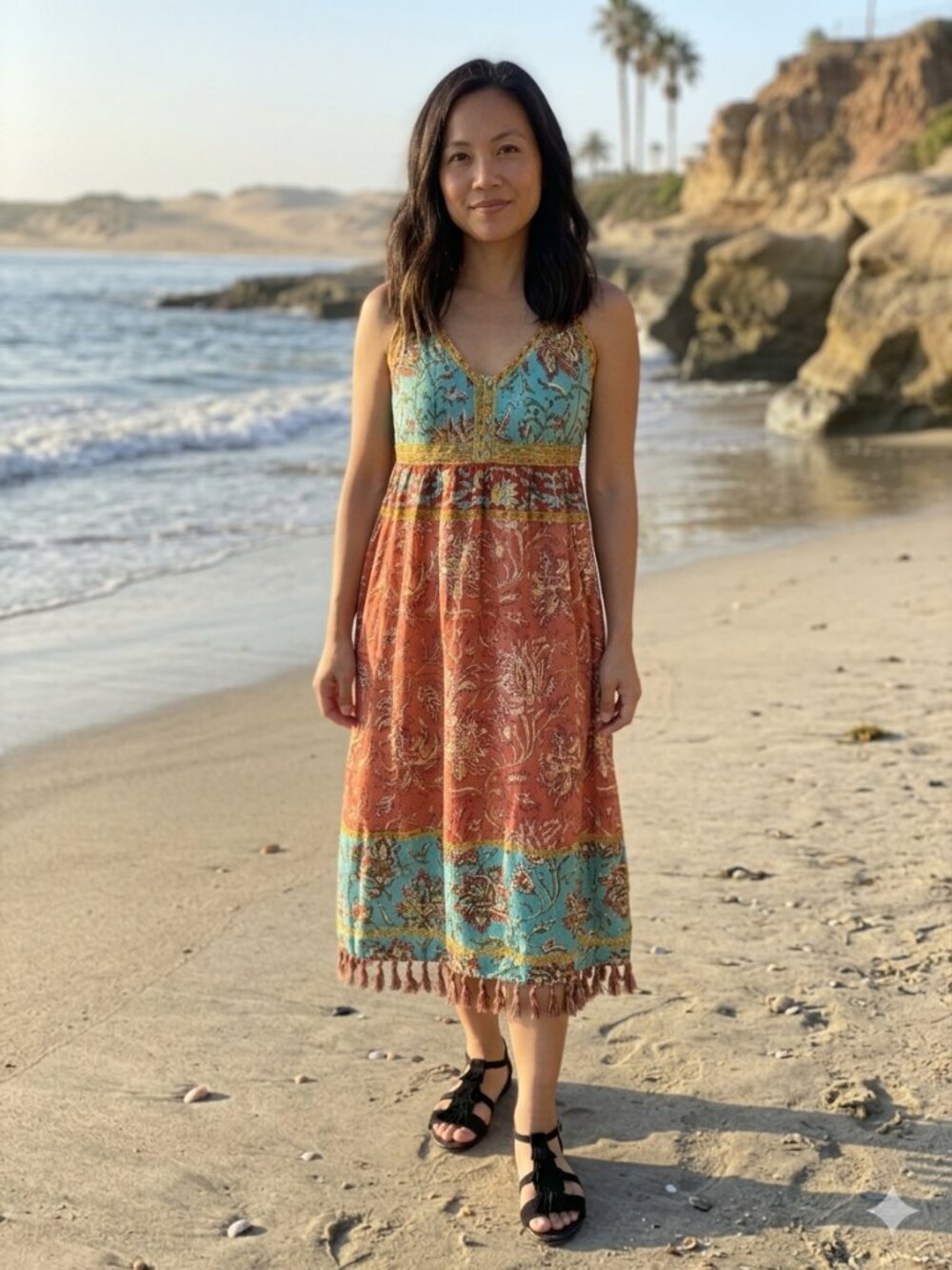 Sundance Indamira Fringed Cotton Boho Festival Floral Beach Maxi Dress PXS